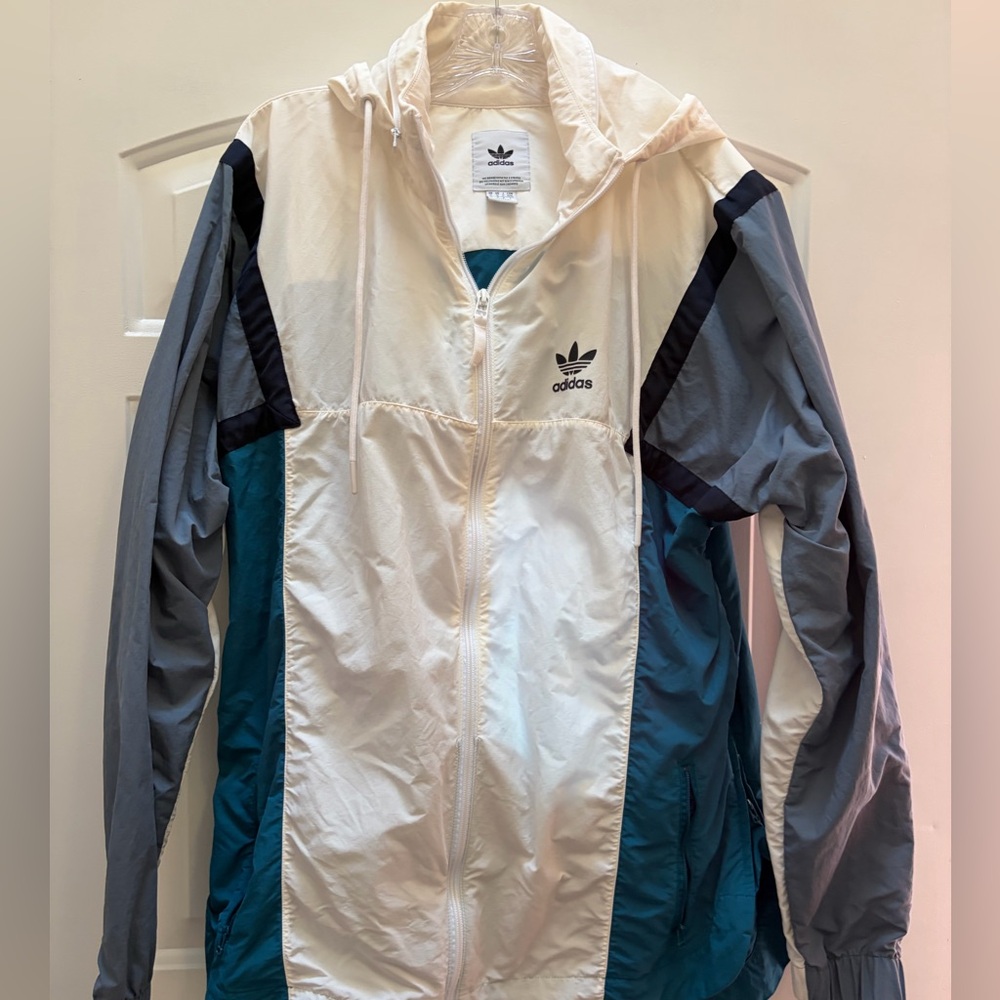 adidas Trefoil Patch Jacket in White and Blue tones